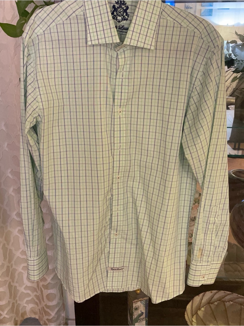 English Laundry Light Green Checked Dress Shirt with Navy and Purple Windowpane